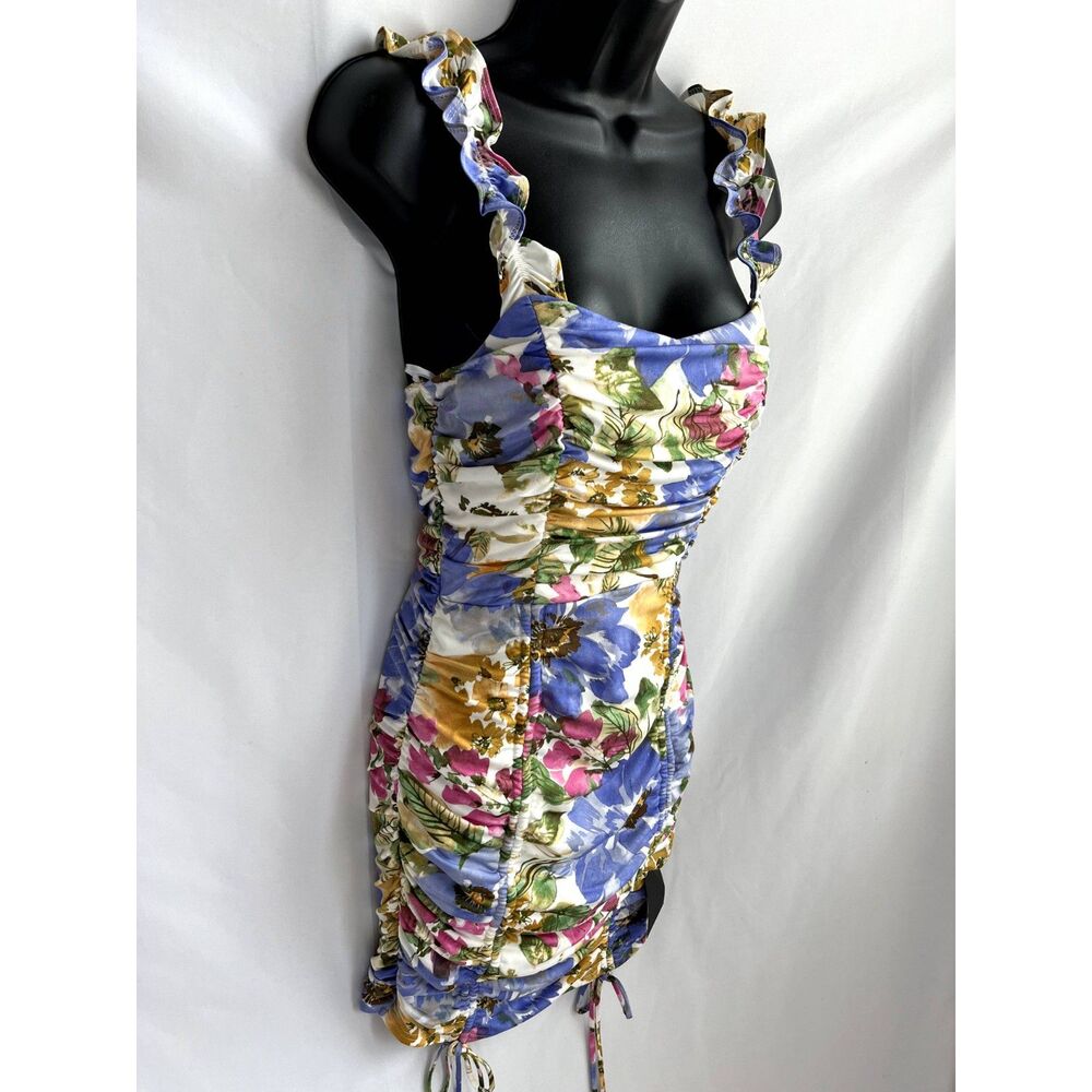 Lulu's Floral Ruched Mini Dress — Blue, Pink & Gold - Picture 4 of 11